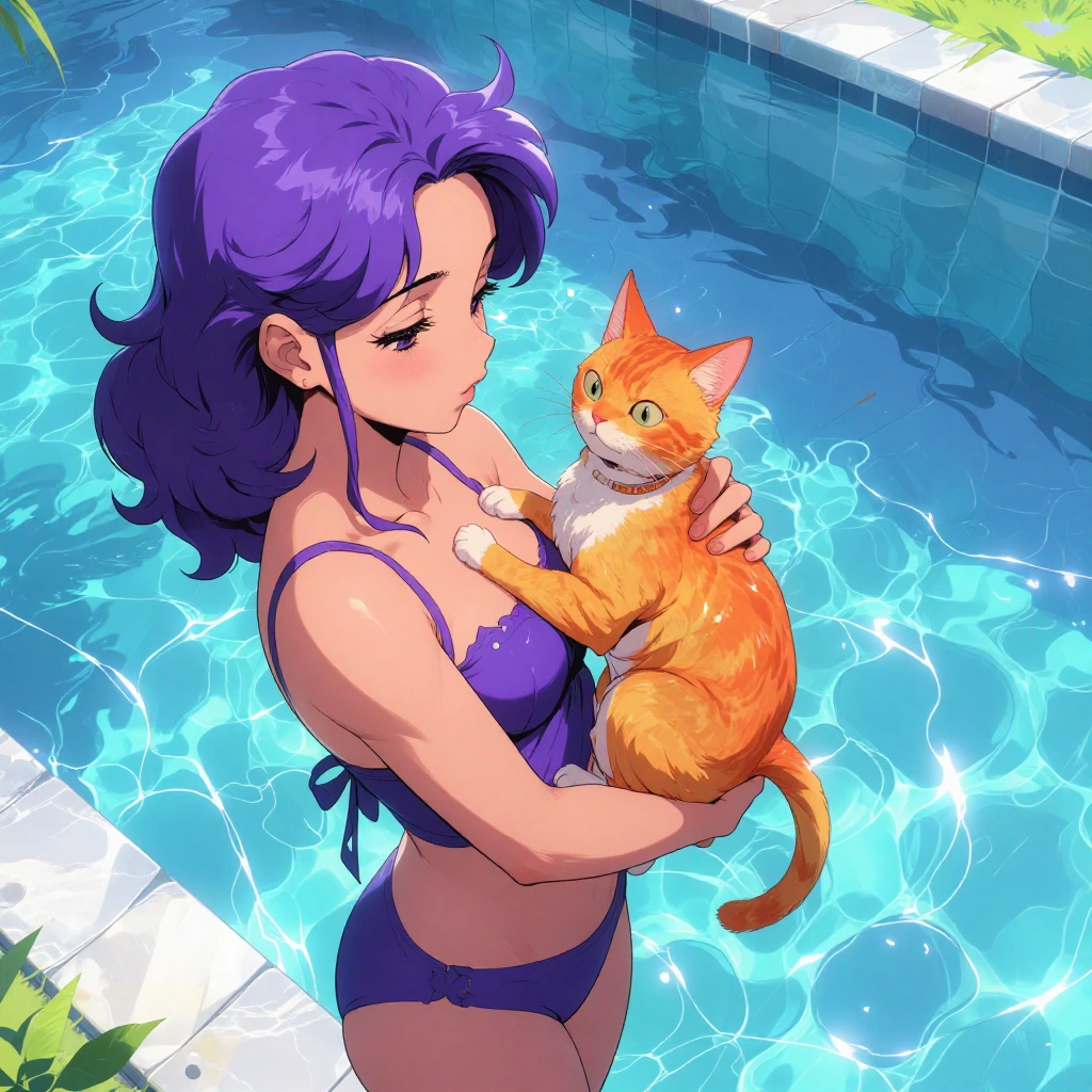 Anime girl with purple hair in a purple two-piece bathing suit standing by a swimming pool, holding or next to a vibrant warm orange cat, bright sunny day, detailed anime illustration style, cel-shaded expressive features, blue water and purple compl