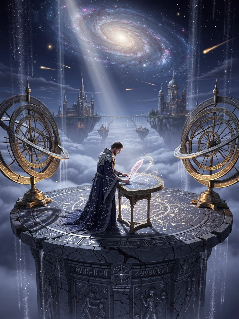 An ancient celestial cartographer standing atop a floating stone observatory suspended above a sea of clouds, carefully drawing glowing constellations onto an enormous magical star map with a crystal quill, luminous galaxies swirling overhead, tiny g