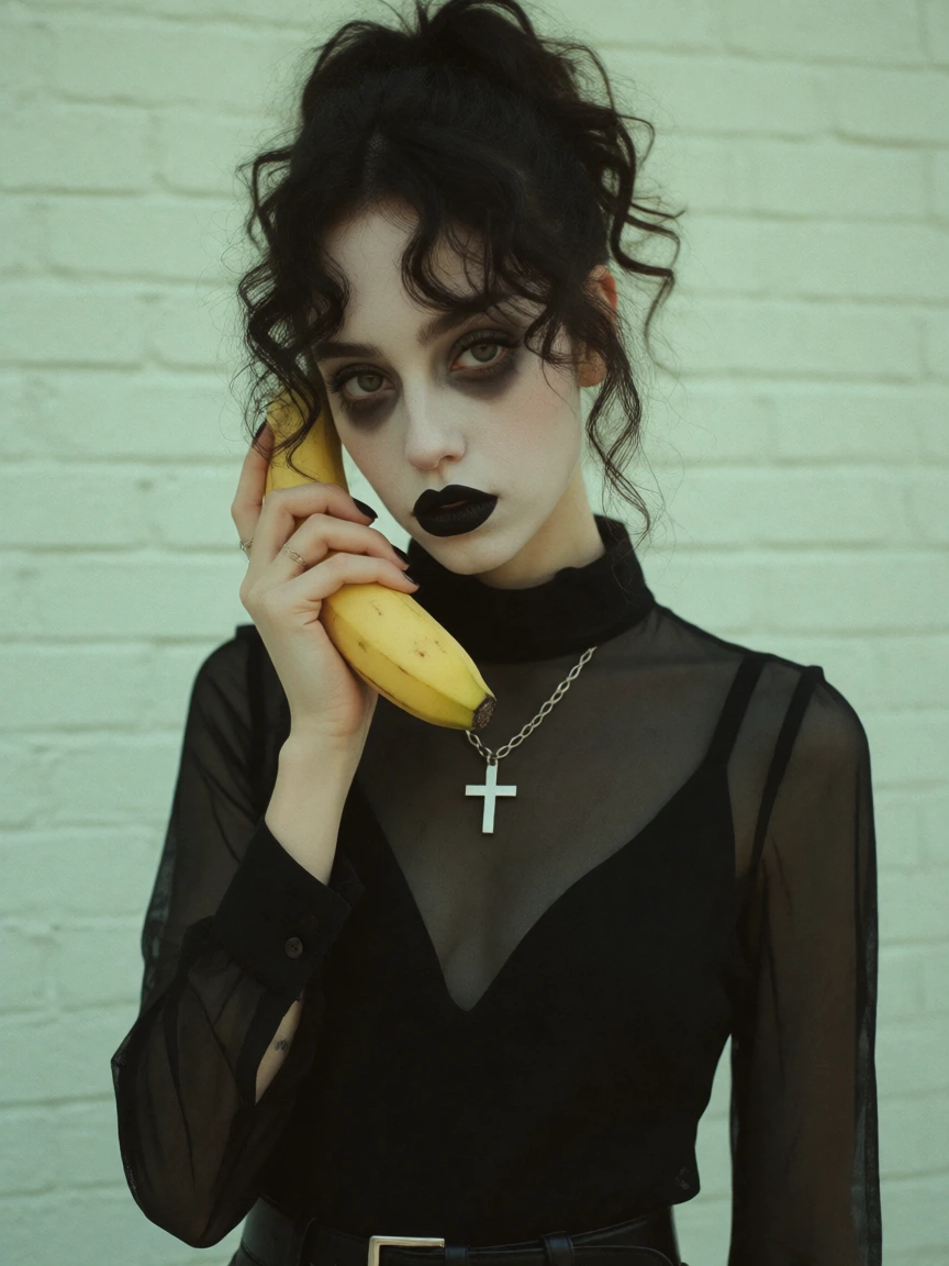 photography, shot on 50mm lens of a young woman, wearing modern fashion dark gothic-style clothing, (holding a banana to her ear as it were a phone), dark curly hair messily tied up, exaggereted make-up, pale skin, dark eye circles, bold lipstick, lo