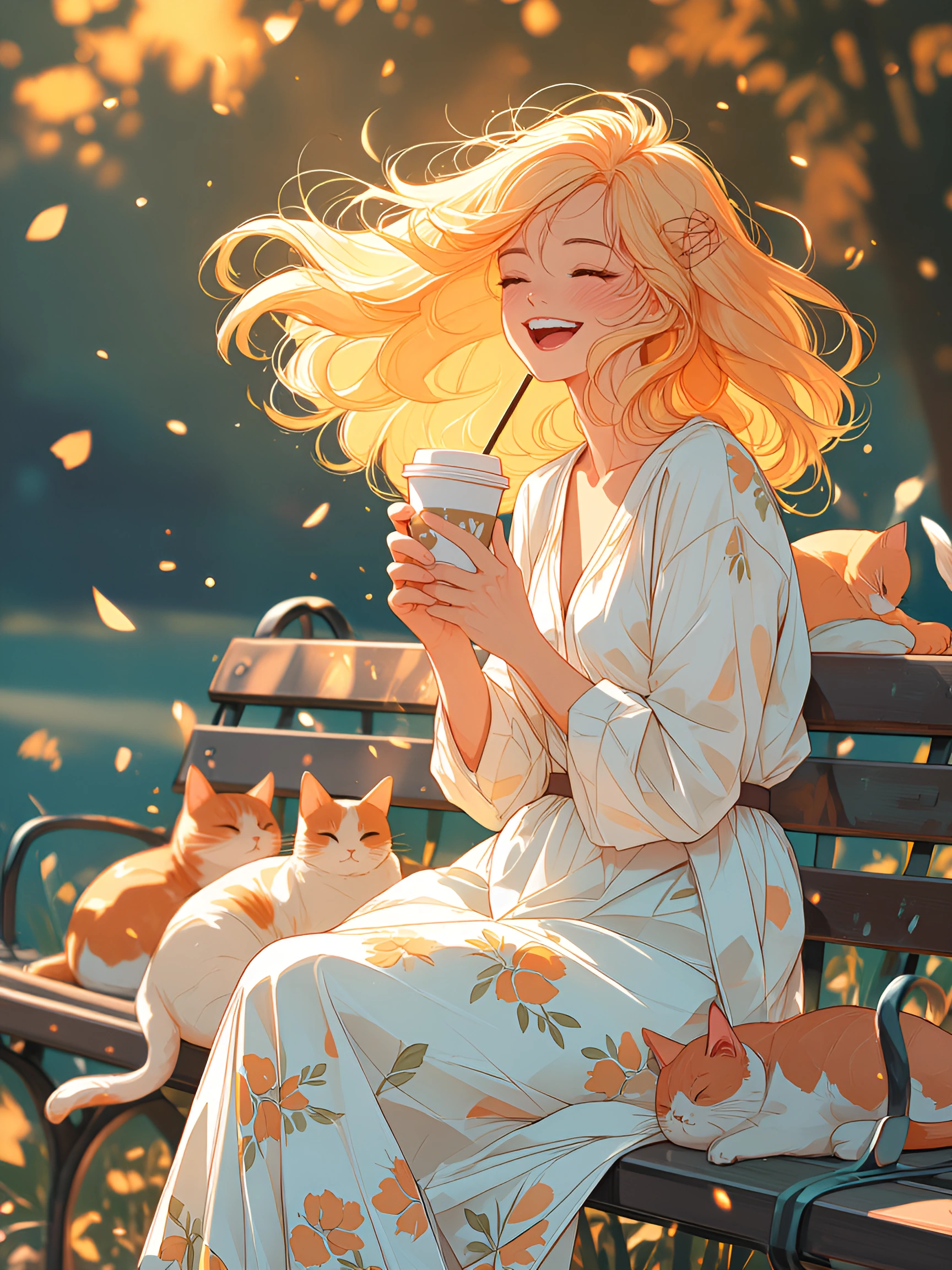 a joyful woman with long flowing hair sitting on a park bench at golden morning hour, holding a warm cup of coffee, surrounded by multiple cats lounging nearby, soft pastel spring colors, warm sunlight filtering through trees, sparkly illuminated fur
