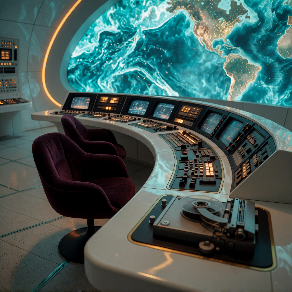 3v1l l41r, photorealistic cinematic still of a volcanic island control center, oblique 35mm diagonal view following the curved edge of a white lacquer
