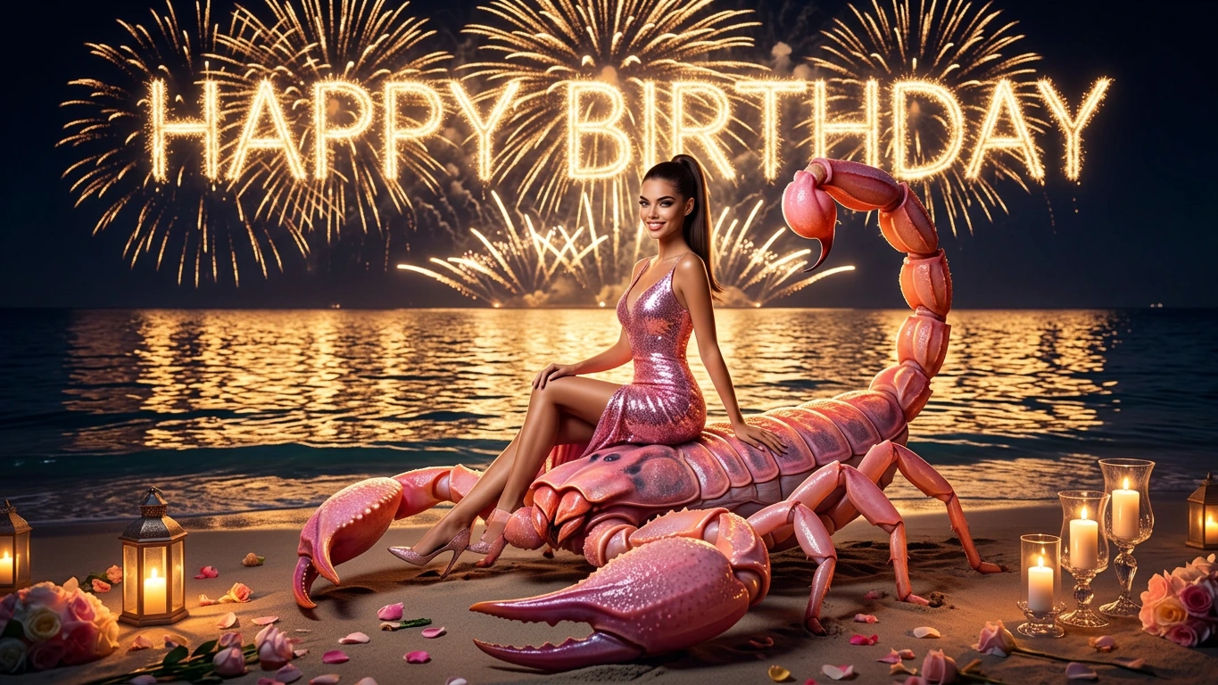 A fantastical birthday party scene: a stunning woman with a long, dark brown ponytail, captivating emerald eyes, and healthy tan skin, wearing a shimmering pink sequined birthday dress, sits elegantly on the carapace of a giant pink scorpion. In the
