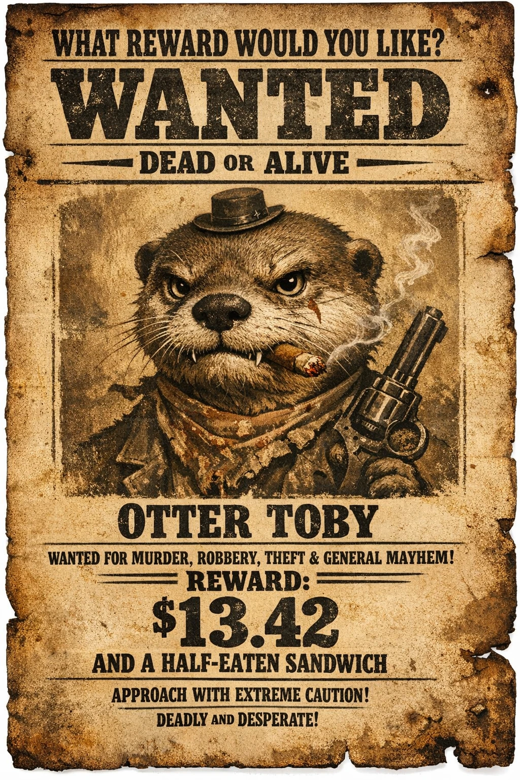 "What Reward Would You Like?" Wild West Wanted: Dead or Alive poster displaying a hardened criminal wearing a very small hat named Otter Toby with an unusual bounty. His crimes are many and include murder, theft, robbery, etc...