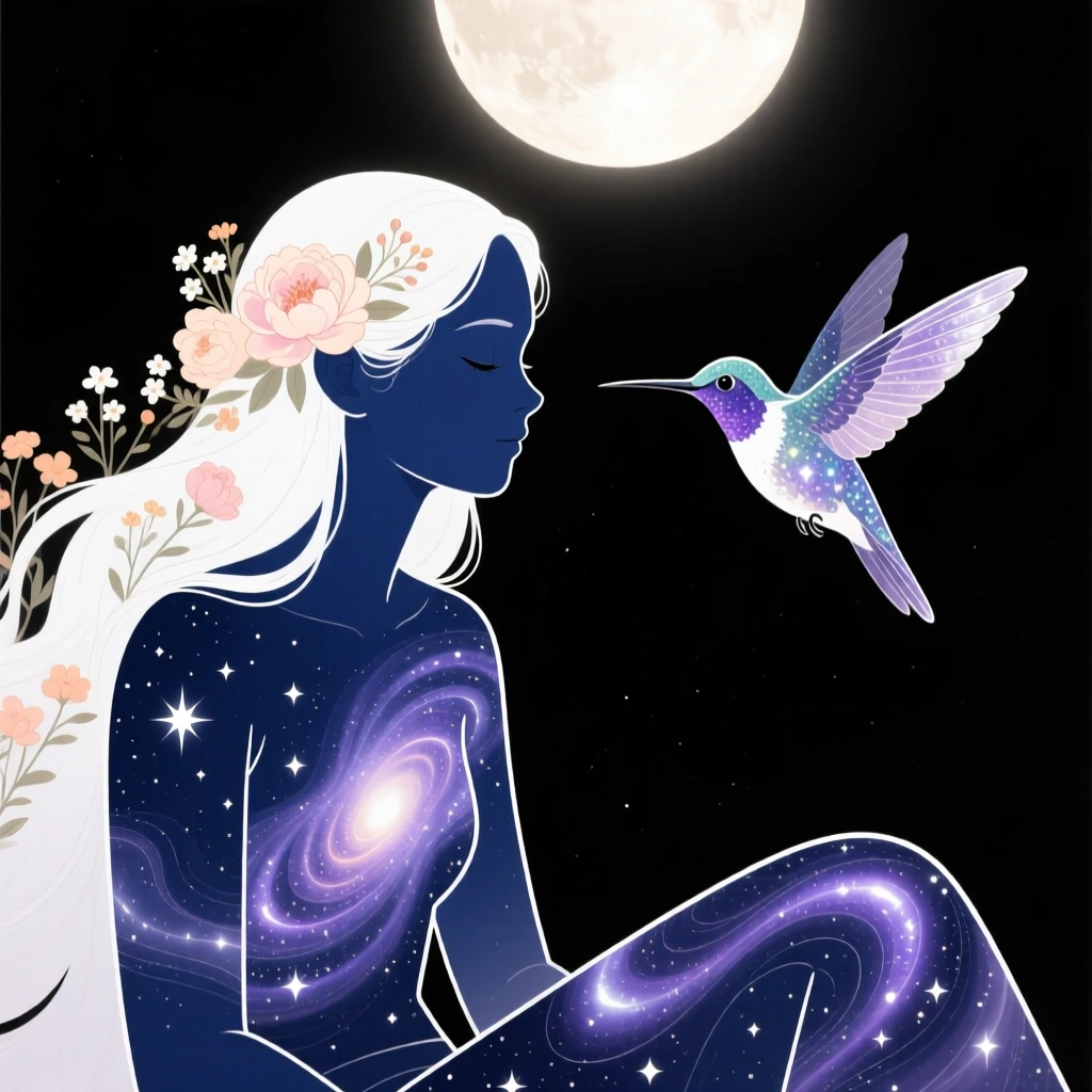 A figure with deep navy blue skin infused with subtle galaxy swirls β cosmic patterns, stars, and nebula-like textures flowing across their form β rendered in delicate white outline against a deep black background, sitting peacefully beside a humming
