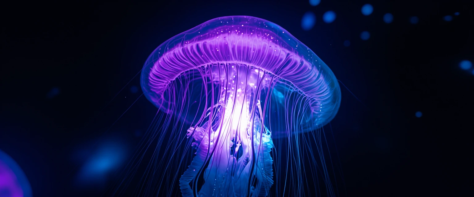 Capture a bioluminescent deep-sea jellyfish drifting through absolute darkness, its translucent bell pulsing with cascading waves of electric violet and cobalt blue light, long trailing tentacles glowing like fiber optic threads suspended in zero gra
