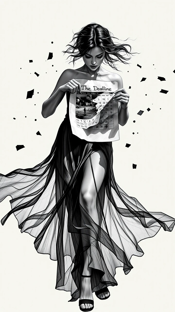 An expressive, ultradetailed pencil sketch of a sensual, beautiful figure tearing a calendar page that reads "The Deadline," revealing a mirror underneath. The subject is captured midmotion, with windswept hair and a confident posture. The artist has