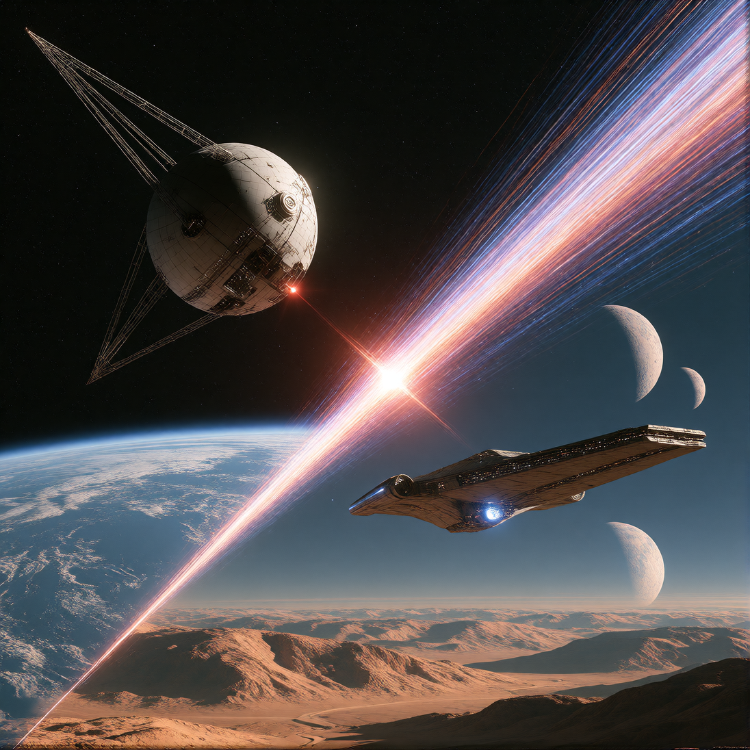 Split-screen diptych: left side shows Sputnik's bare geometric sphere with four antenna spikes orbiting a rendered Earth, a single red beacon pulsing, rendered in cold 1950s technical diagram style with blueprint grid; right side depicts a sleek angu