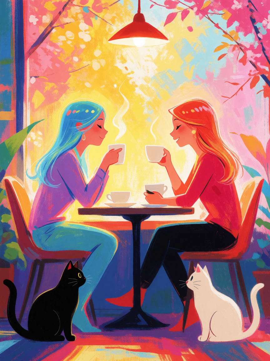 Brightest colors in the world. Women getting their coffee at a café. Cats nearby. Happy weird scene.