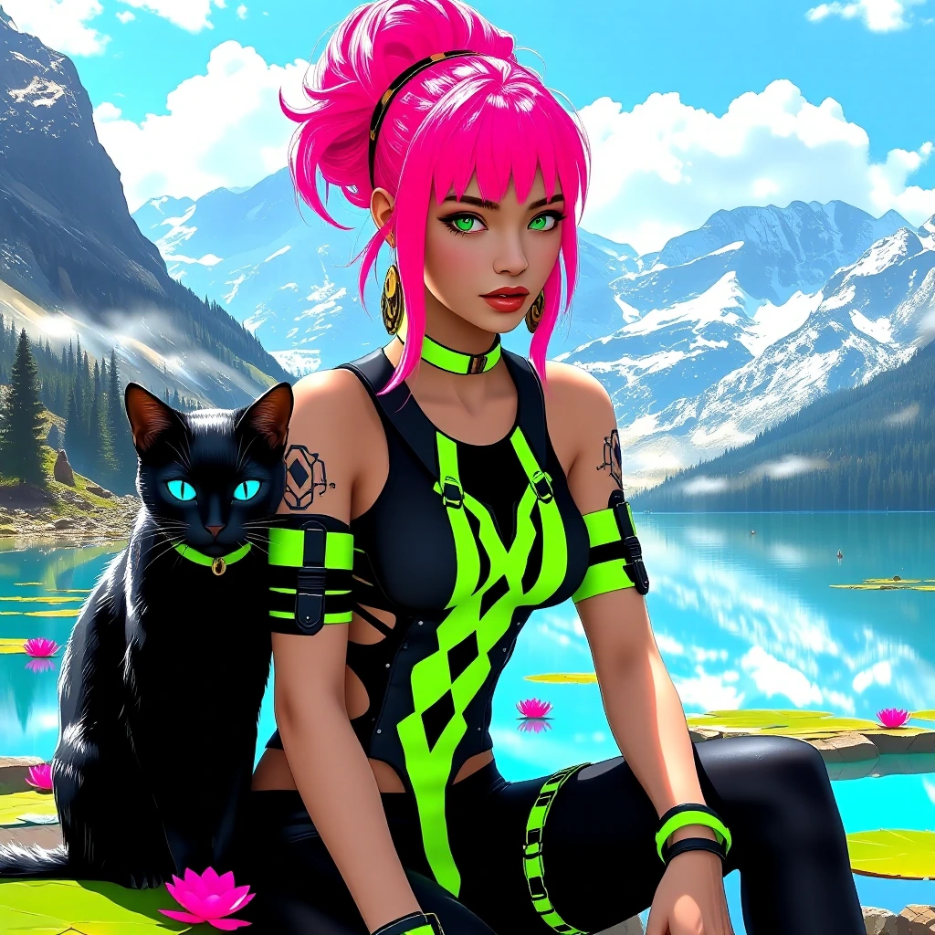 # Digital Illustration Description A striking digital artwork features a woman with voluminous pink hair and sharp green eyes, wearing a futuristic black and neon-green outfit with strategic cutouts and tactical straps. She adorns a choker necklace a