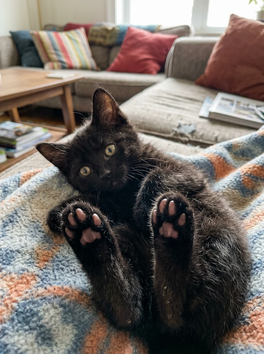 Totally realistic amateur photograph, Black kitten, close-up, showing his toe beans, so cute, normal colorful livingroom background