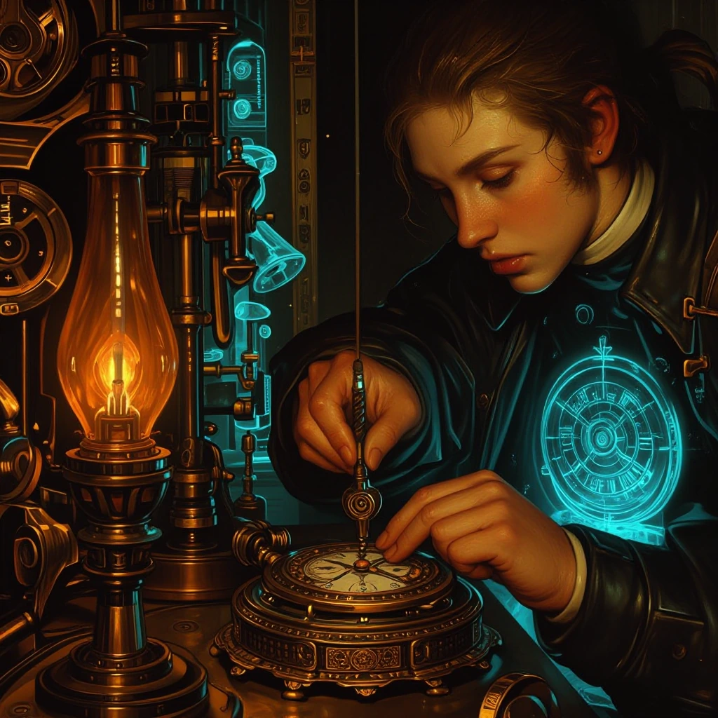 Horologist suspended betwixt temporal dichotomy, executing meticulous restoration upon ornate brass chronometer, aureate gaslight luminescence suffusing monastic workshop with steampunk-era patina, opposing hemisphere dominated by frigid cyan neon ph
