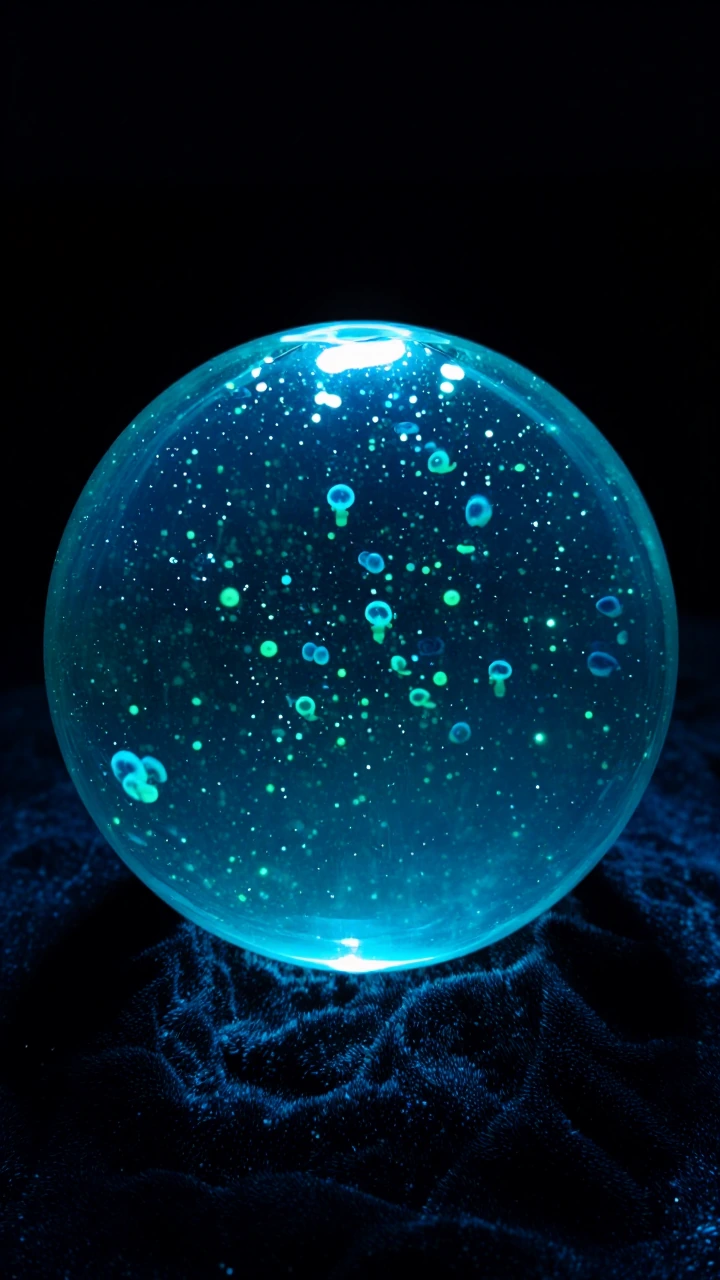 A miniature ocean contained within a glass sphere no larger than a marble, perfectly spherical water with tiny bioluminescent plankton creating a soft blue-green glow from within, resting on a dark surface with light reflecting off its curved glass s