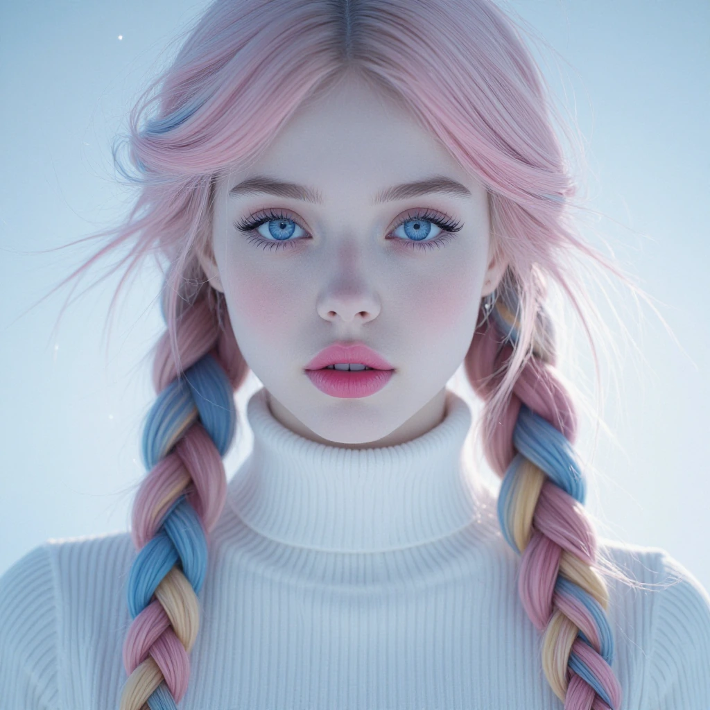a young woman with fair skin, blue eyes, and full pink lips. She has long, pastel-coloured hair in twin braids, featuring pink, blue, and yellow stran
