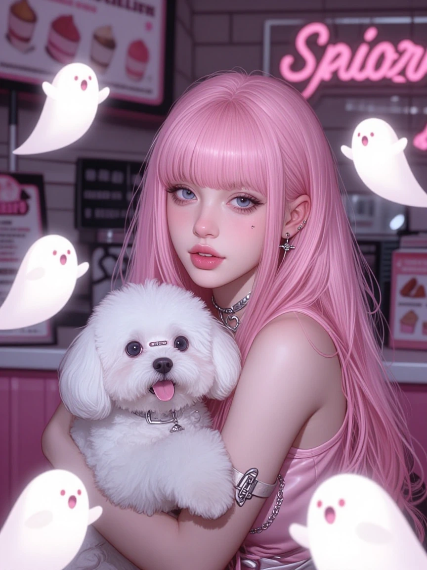 Beautiful woman, platinum pink hair at an ice cream shop with her Maltese. Little glowing ghosts are everywhere. They are so cute though.