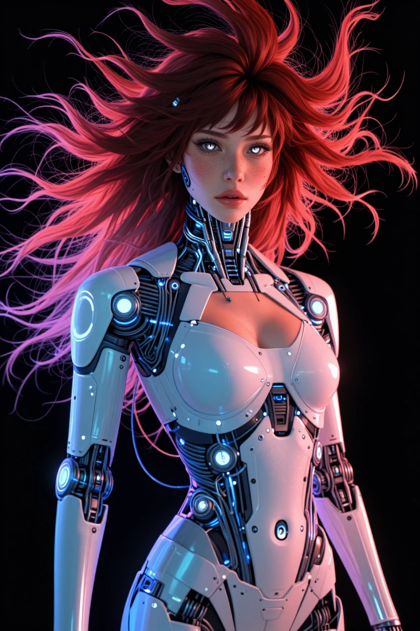 "Create an ultra-realistic, full-body design of a stunning futuristic female cyborg, merging human and robotic aesthetics. Focus on intricate, captiva