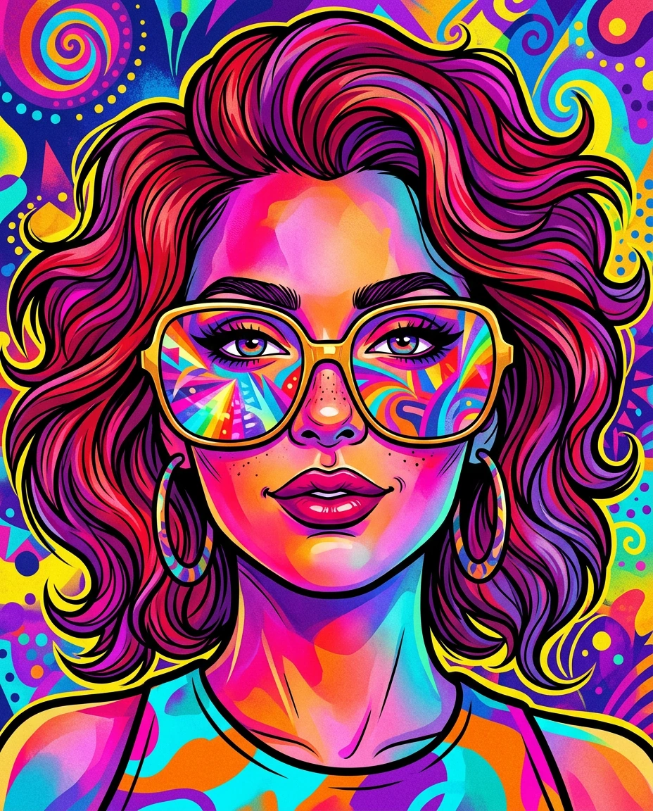 A striking pop art portrait bursts with electric vibrancy. The subject wears oversized, golden-rimmed sunglasses reflecting prismatic light and swirling colors. Their face glows in gradient hues—hot pinks, magentas, and warm oranges blend seamlessly