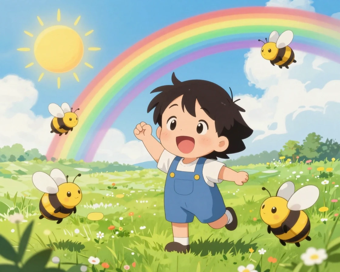 Rainbow, sunshine and bumblebees, anime happy scene