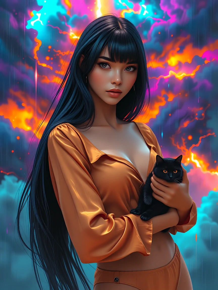 Woman, long black hair with bangs tapered down one side of her face, dressed and silk shorts and a silk blouse. She is with a cat in the middle of a huge storm. Make the clouds, colorful and beautiful. Lightning, rain, windy.