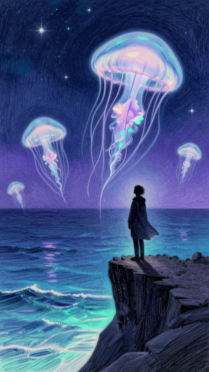 A solitary figure in silhouette stands at the edge of a jagged cliff, gazing down at an otherworldly ocean below where enormous jellyfish drift like living lanterns—their translucent bells pulsing soft violet and teal—casting their glow upward onto t
