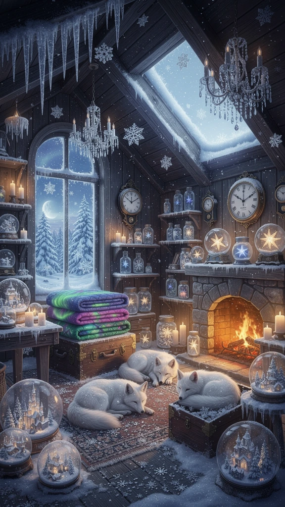 An ancient enchanted attic belonging to Winter itself, filled with magical snow globes containing tiny frozen kingdoms, antique wooden chests overflowing with shimmering snowflakes, folded quilts woven from northern lights, crystal icicles hanging fr