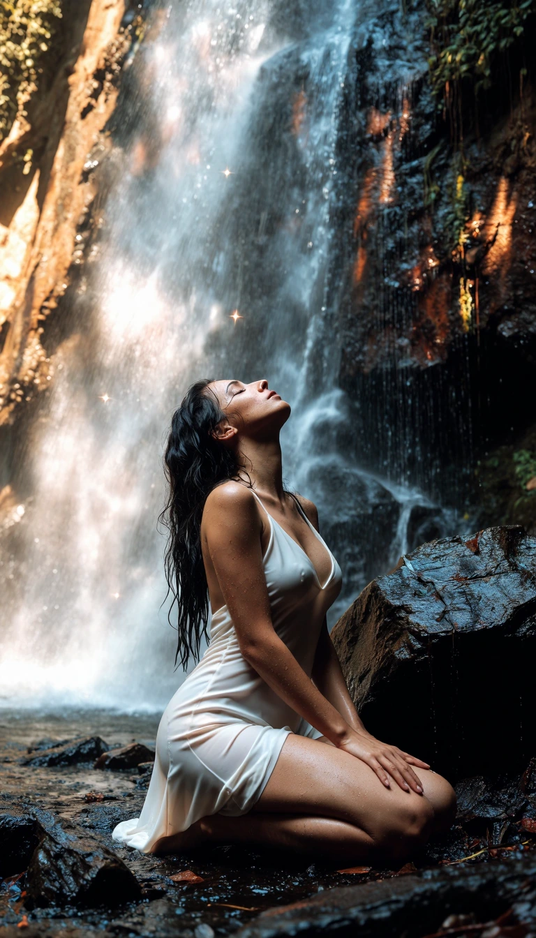 A woman on her knees, eyes closed, a look of relief and release on her face under neath a waterfall, her long black hair wet and slick against her sho