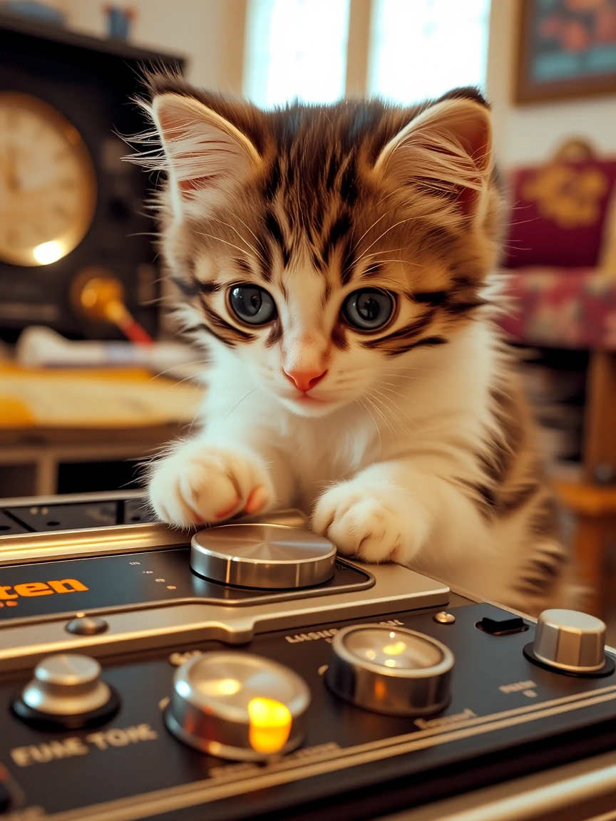 A fluffy kitten with wide curious eyes pressing its tiny pink paw against the pause button of a vintage wood-paneled 8-track player, shot in soft warm 1970s film stock with grain and color shift, shallow depth of field isolating the moment of contact