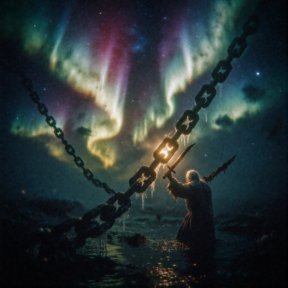 A surreal, haunting masterpiece photography of the Northern Lights in the dead of summer. The aurora borealis is not dancing freely, but is being suff