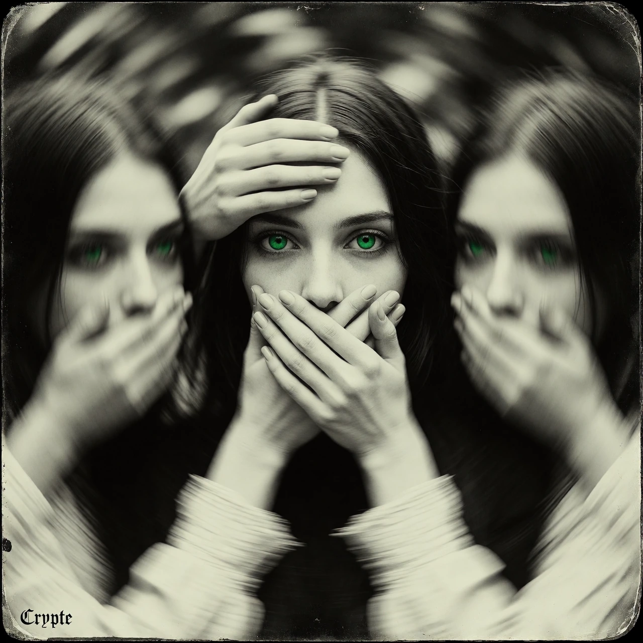 A surreal, high-contrast black-and-white art photograph, created using a motion blur technique. The image highlights a woman’s perfectly sharp face, w