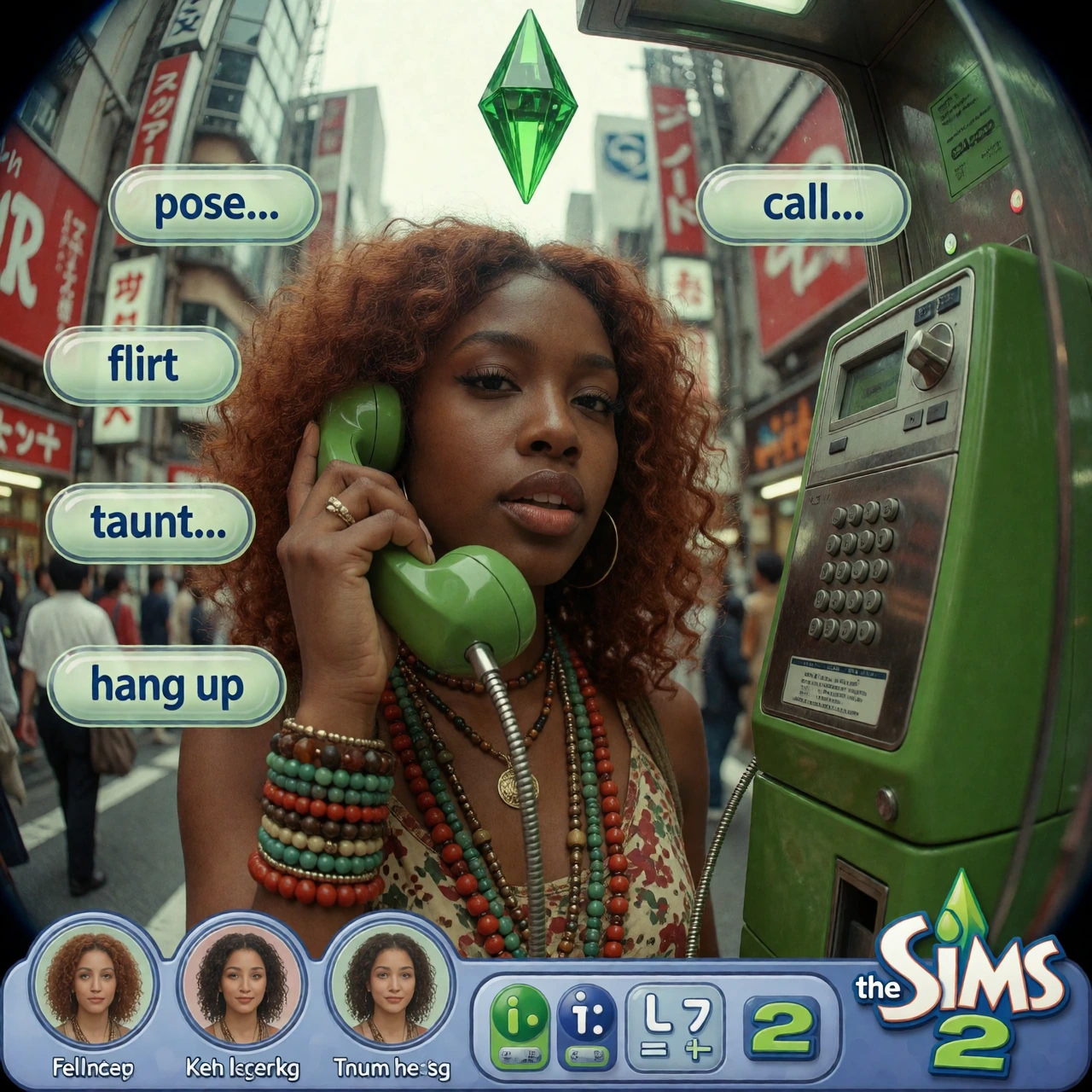 a creative composite image combining y2k street fashion and 'the sims 2' video game graphics. a young black woman with auburn curls, wearing a and beaded necklaces, holds a green payphone receiver. the camera uses a fish eye lens to capture the tokyo