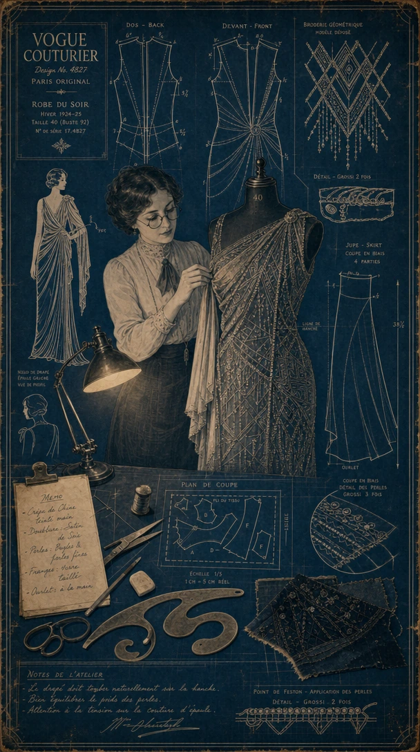 1920s couture atelier blueprint: bespectacled seamstress in high-waisted blouse pinning silk onto an Art Deco mannequin, surrounded by hand-drafted dress panels and geometric beading schematics in precise white linework on aged prussian blue paper. W