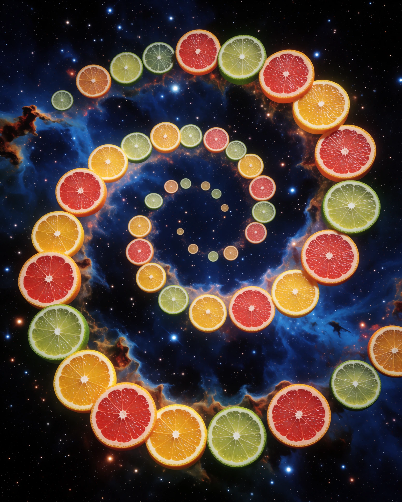 Deep space, but the nebula is made of sliced citrus orange wheels, grapefruit halves, lime rings glowing from within, their segments forming spiral arms. Juice droplets are the stars. Deep indigo void, colors at maximum saturation, astrophotography r