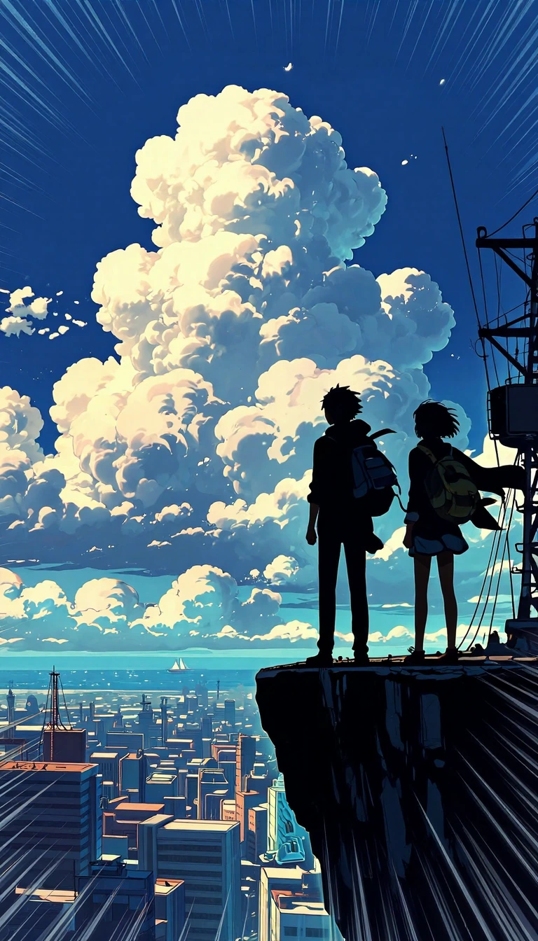 Two silhouetted figures standing on skyscraper precipice, cel-shaded anime style, Makoto Shinkai luminous sky aesthetic, dramatic volumetric light shafts piercing through towering clouds, deep azure sky with luminous white cumulus formations, express