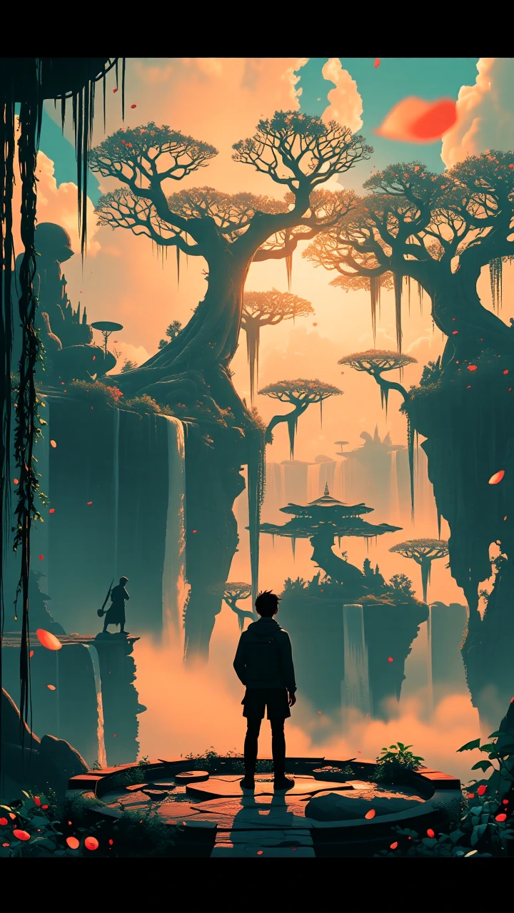 Cinematic anime fantasy landscape: a lone traveler silhouetted on a vine-wrapped platform gazing across a realm of floating sky gardens—massive ancien