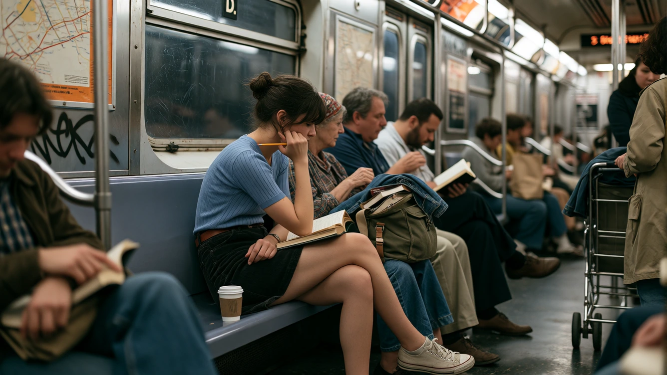 A 1977 candid color photograph inside a New York subway car, seen straight-on from across the aisle, the bench running across the frame with the car stretching away to the right. At left of center, a cute 19-year-old college student with fair skin ha