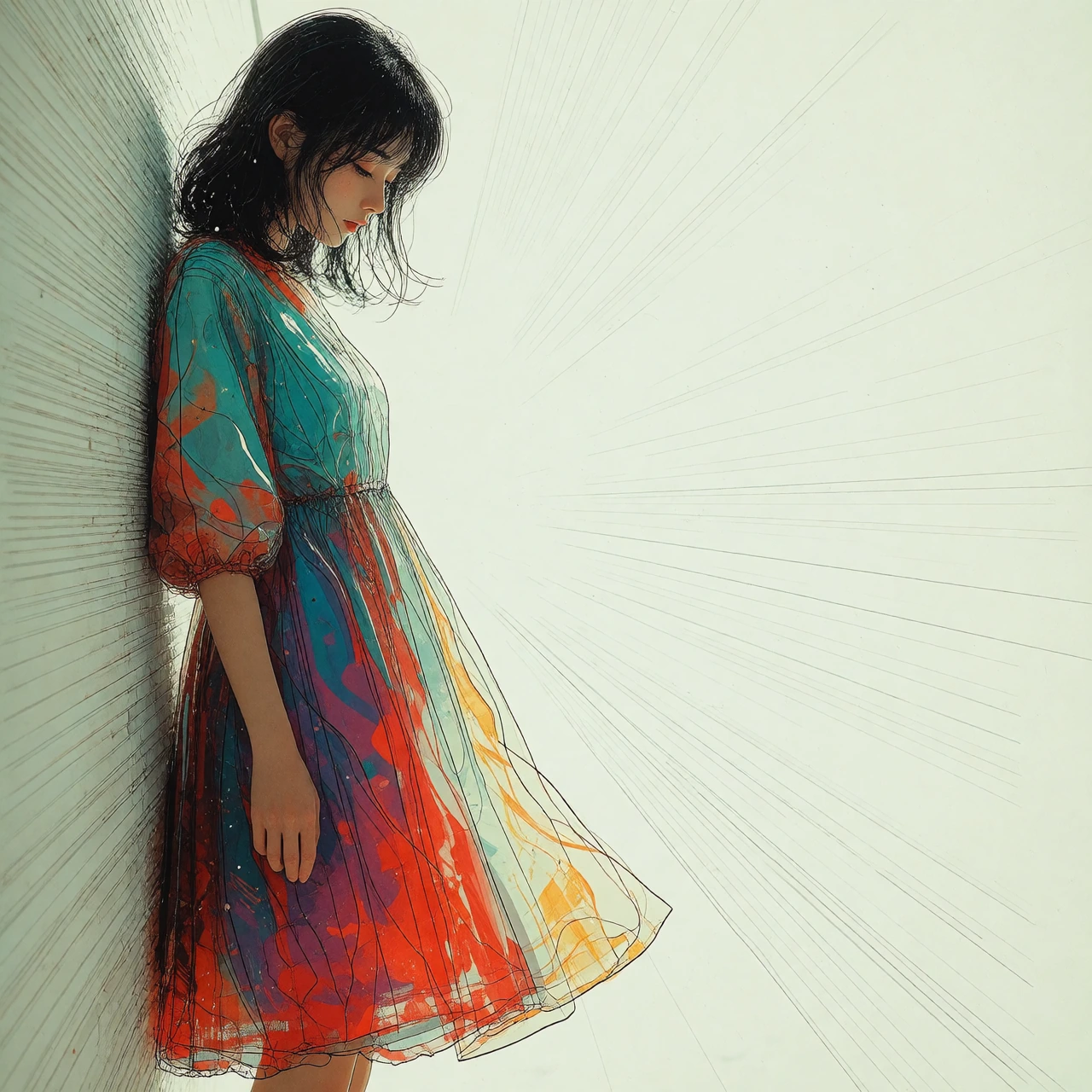 A single young woman standing against a stark white wall,wearing a flowing dress. Modern digital illustration with expressive fluid linework and layered color application,blending contemporary anime aesthetics with handdrawn texture emulation. Highly