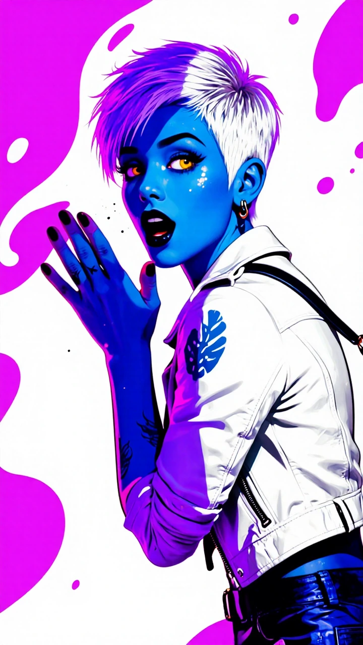masterpiece, best quality, absurdres, newest, solo, woman, blue skin, pixie haircut, yellow eyes, white hair, petite, black lipstick, tattoos, split-color palette (purple/white), splash particles, face_focus, vibrant neon contrast, pink and white abs