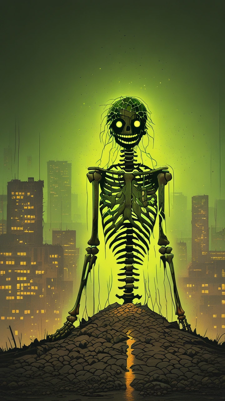 Towering skeletal megastructures of corroded steel and fractured concrete, skeletal cityscape shrouded in sickly yellow-green smog, double exposure portrait of gaunt woman's face merging with collapsing architecture, hollow eyes reflecting dying neon