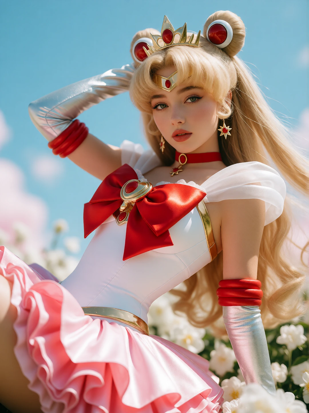{ "image_generation_prompt": { "subject": { "description": "Young woman with a strong resemblance to {argument name="subject name" default="Sabrina Carpenter"}.", "hair": "Long flowing style with twin top buns, loose lower sections cascading smoothly