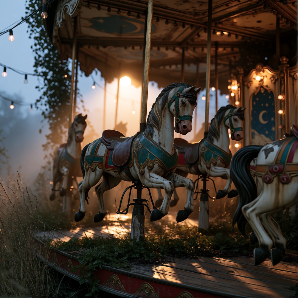 Capture an abandoned carousel frozen midturn, its painted horses caught at odd tilted angles as if time stopped in motion, chipped gold and crimson pa