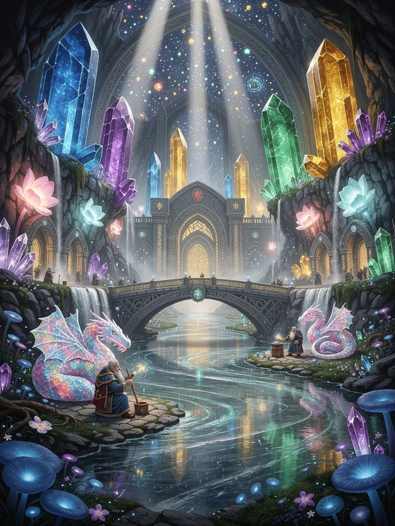 Deep beneath the roots of the world’s oldest mountains lies an immense hidden cavern where living crystals are born. Towering crystal pillars in sapphire, emerald, amethyst, and gold rise hundreds of feet toward a ceiling filled with glowing gemstone