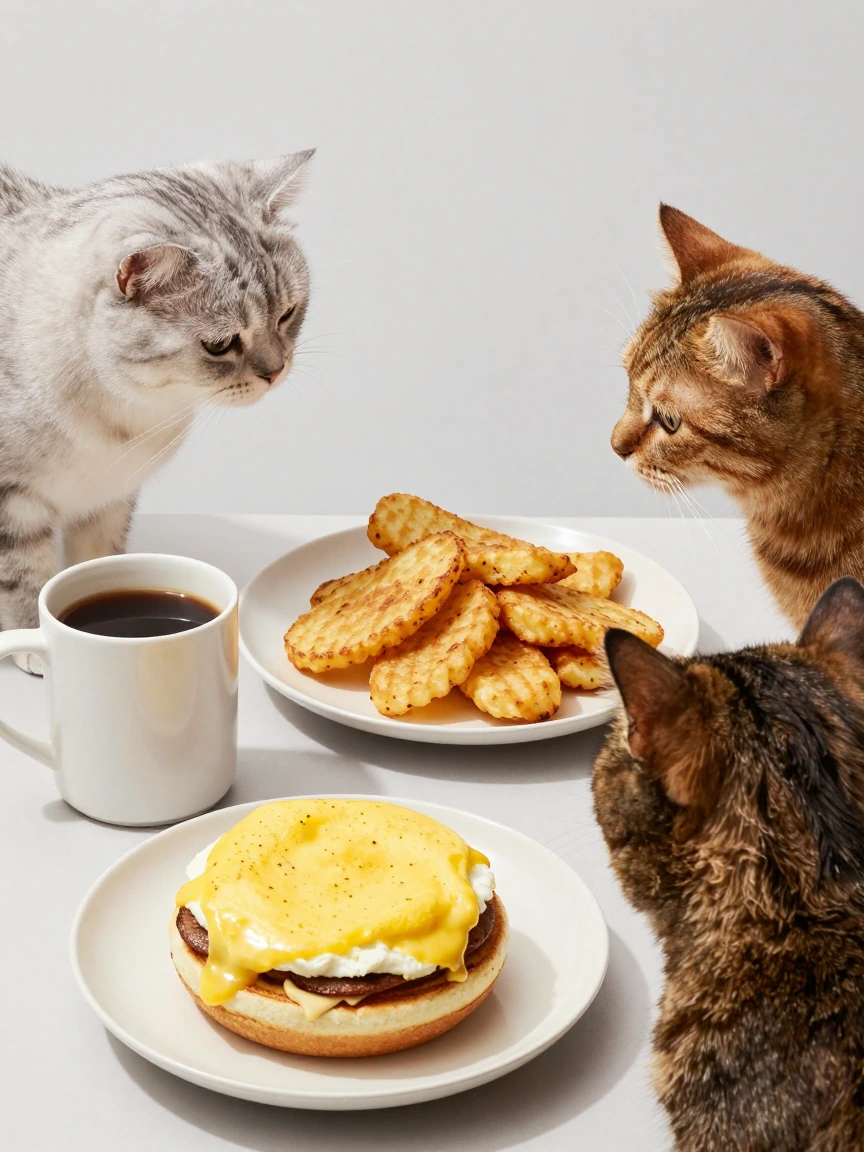 Cats looking at a fast food breakfast, egg English muffin sandwich, hash browns and coffee