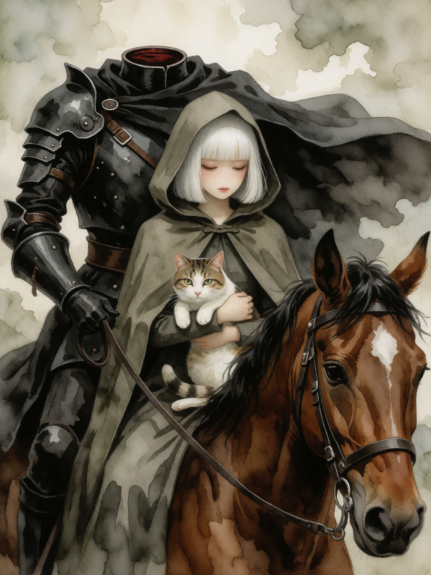 Woman, platinum bob cut hair, wearing a hooded cloak, holding her cat and riding on a horse with the headless Horseman. Surreal and dream like. Messy, watercolor, painting.