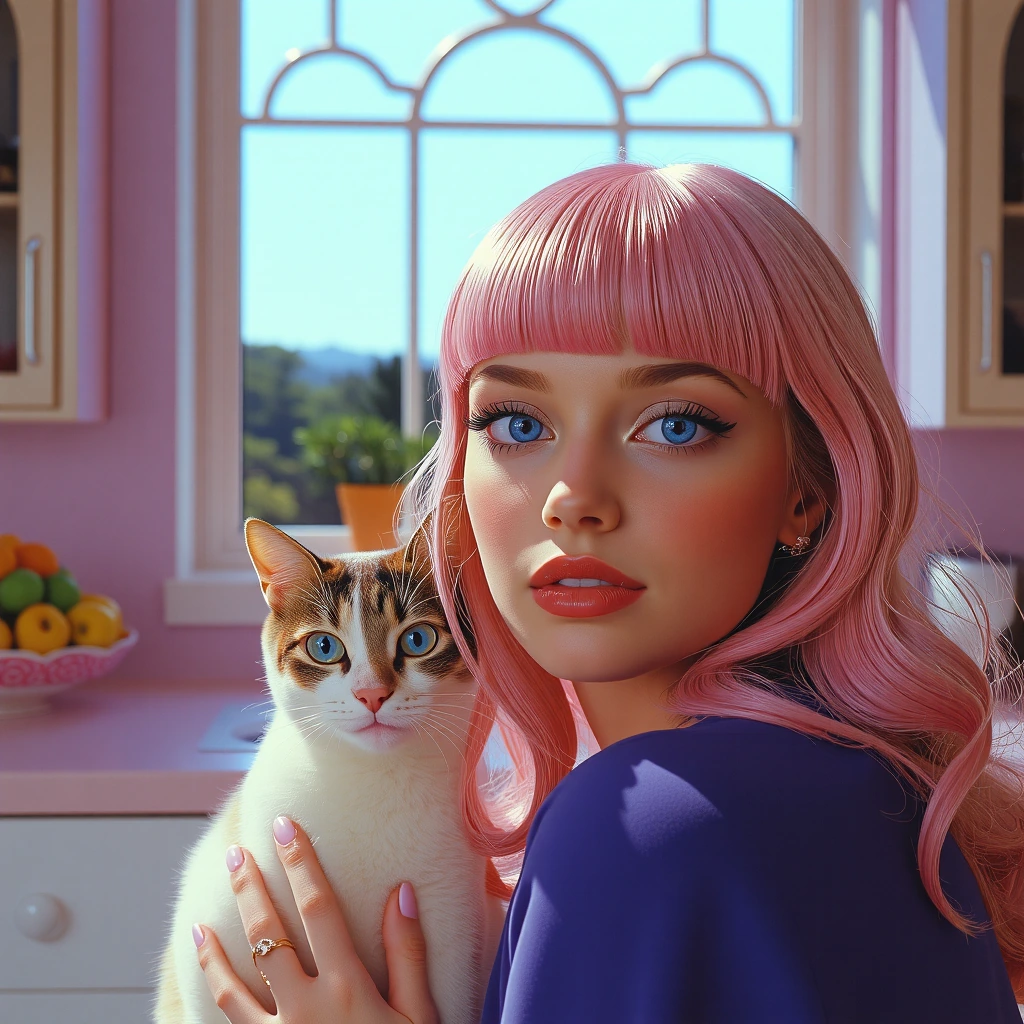 Beautiful woman, bright, turquoise, eyes, pink hair with bangs, with a cat in her kitchen, beautiful picture window looking outside