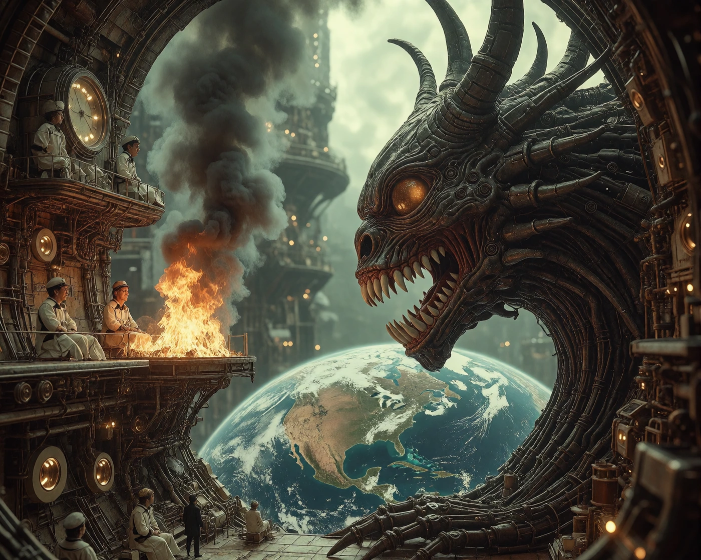 a distorted world, an imaginary vicious creature ruling it, fire and smoke details, highly detailed, 8k quality,