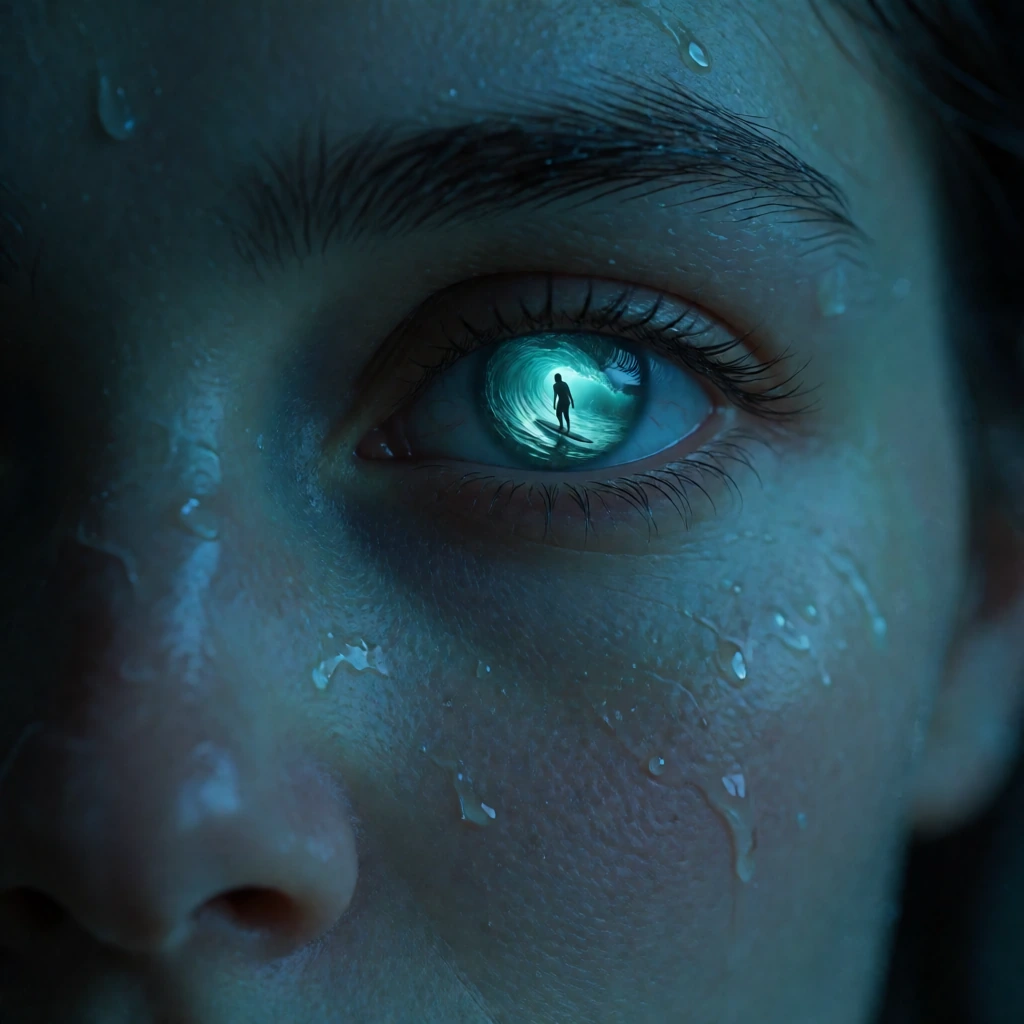 A hyper realistic close up portrait of a woman’s face in cool cinematic lighting, her skin softly illuminated in deep teal and blue tones. Fine droplets of real water rest naturally on her skin and eyelashes, subtle and delicate, as if she has just e