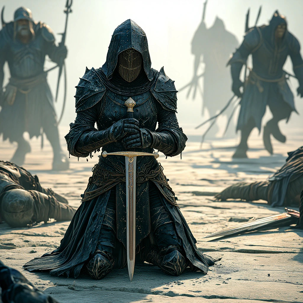 An ornate onyx and silver clad Knight kneeling in the mud of a battlefield with his sword point down before him both hands clasping the hilt, his armo