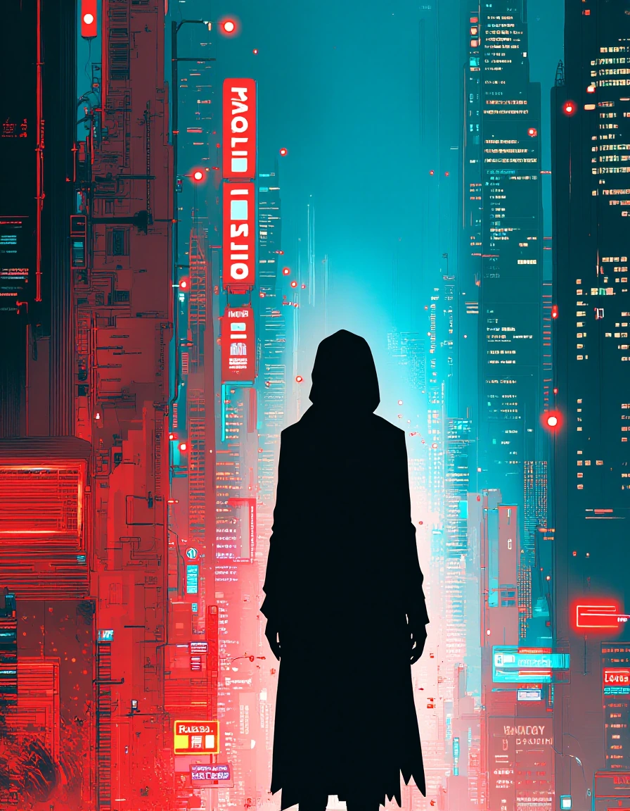 A mysterious cloaked figure amidst a sprawling cyberpunk cityscape, surrounded by towering neon skyscrapers and glowing streetlights. Use a color sche