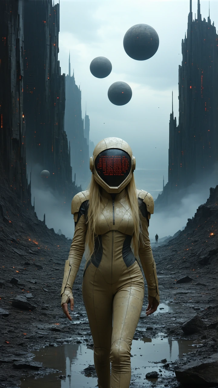 a sci fi scene features a person with a highly detailed, embellished beige helmet and matching suit. the helmet has a round, red glowing screen displaying garbled text. the suit is textured beige with a front zipper. long blonde hair is visible under