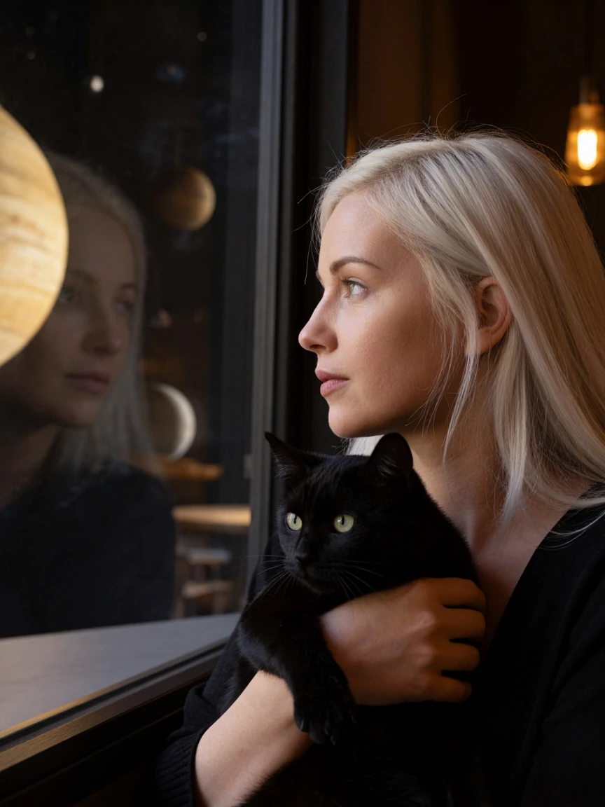 close-up portrait of a different woman with platinum blonde hair in a futuristic space cafe, she's in a different pose looking out the window at the cosmic universe with planets in blacks and golds, holding a black cat, surreal artistic photography s