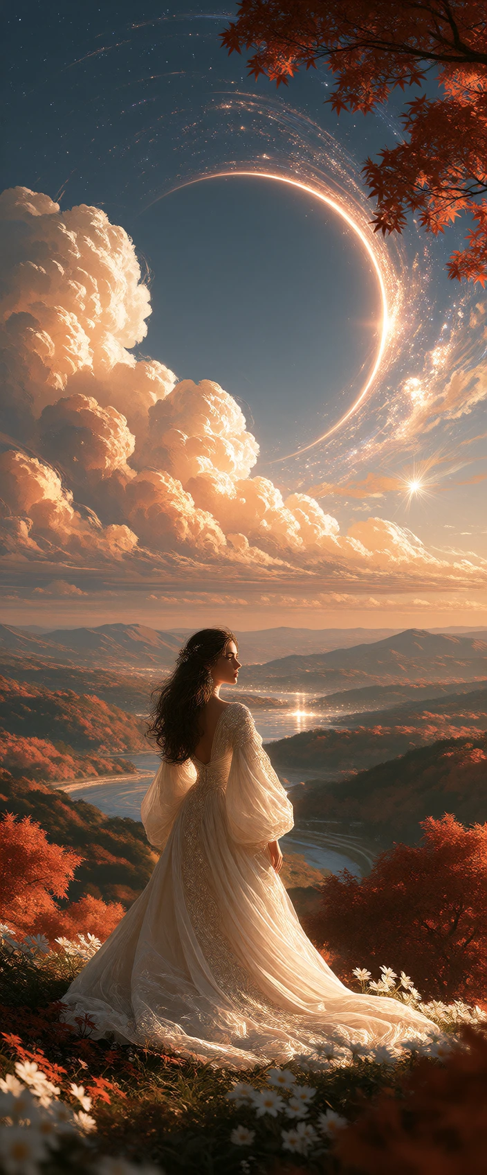 Silent lucidity, autumn colors fill this color palette with sharp contrasts and endlessly gradient hues of juxtaposed beauty, microscopically detailed. The warm light of evening bathes her silhouette standing at the edge of an equinox. A celestial eq